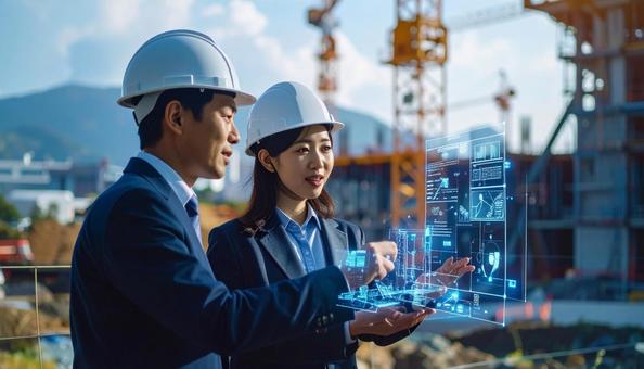 ホログラムのデータを見て議論する建築現場 ホログラムのデータを見て議論する建築現場の写真