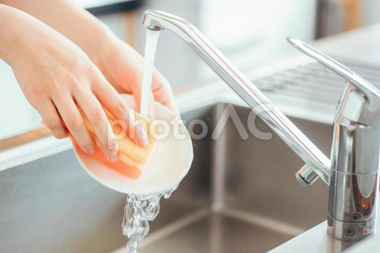 洗い物をする女性（手元） 皿洗い,食器洗い,洗い物の写真素材