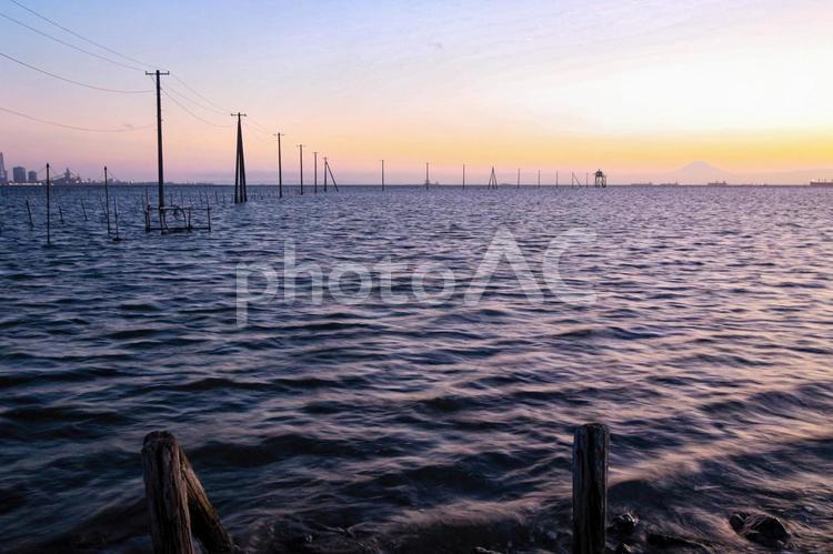 海中電柱 久津間海岸,電柱,木更津の写真素材