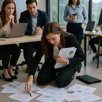 資料を床に落として困る女性 資料を床に落として困る女性の写真