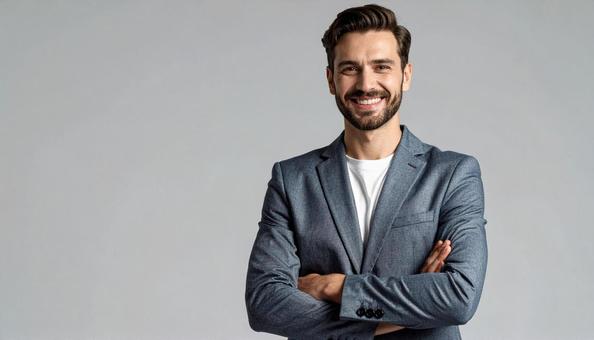 笑顔で腕を組む若い外国人ビジネスマンの写真