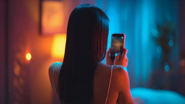 スマートフォンで何かをする女性の後ろ姿 スマートフォンで何かをする女性の後ろ姿の写真