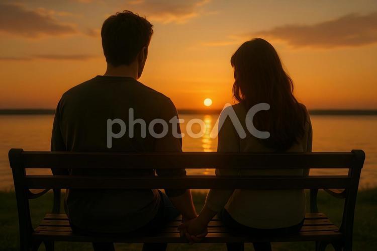 湖畔のサンセット カップル,夕日,湖畔の写真素材