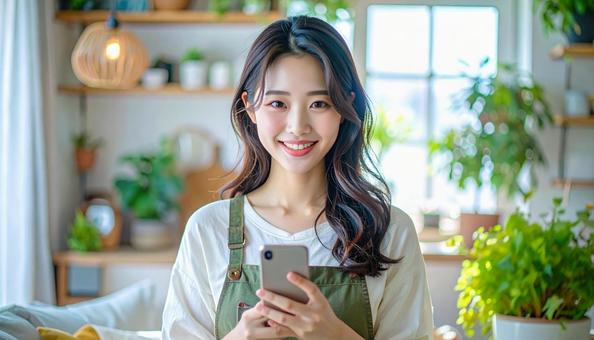 スマホでポイ活する笑顔の女性 スマホでポイ活する笑顔の女性の写真