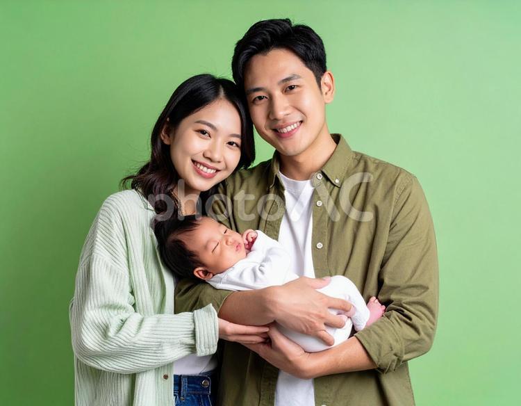 赤ちゃんを抱く幸せそうな夫婦 赤ちゃん,夫婦,親子の写真素材