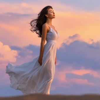 美しい夕焼けに包まれた女性のシルエット 美しい夕焼けに包まれた女性のシルエットの写真