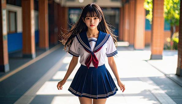 学校に通うセーラー服姿の女の子 学校に通うセーラー服姿の女の子の写真