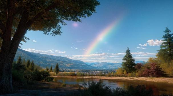 青空と虹、川のある里山風景 青空と虹、川のある里山風景の写真