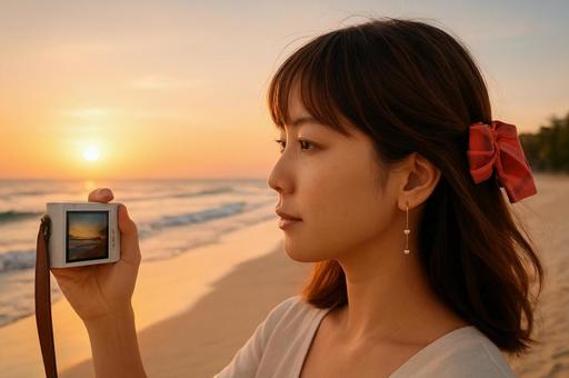 夕焼けを撮る女性 夕焼けを撮る女性の写真