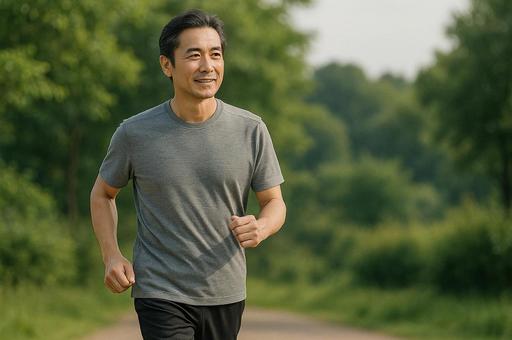 ランニングする中年男性 ランニングする中年男性の写真