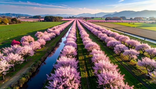 空撮された桜並木 空撮された桜並木の写真