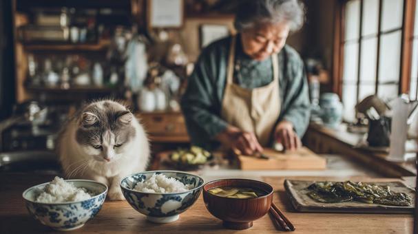 ご飯を作るおばあさんと猫 ご飯を作るおばあさんと猫の写真