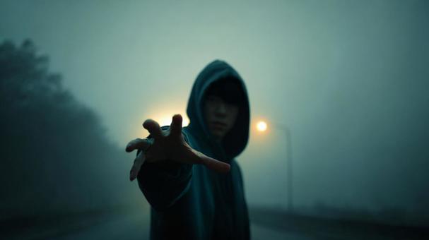 霧の中のフード男性 霧の中のフード男性の写真
