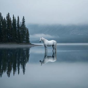 穏やかな湖の白馬の佇まい 穏やかな湖の白馬の佇まいの写真