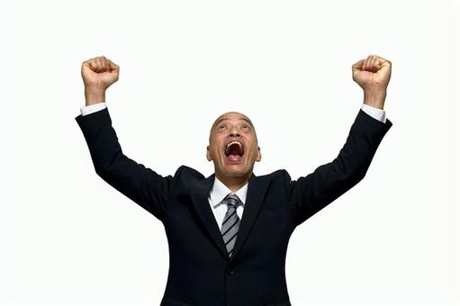 ガッツポーズで上を見上げるスーツ中年男性 男性,ビジネス,スーツの写真素材