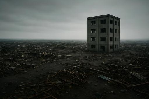 瓦礫原の孤立ビルの写真