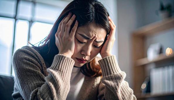 頭を抱えて落ち込む日本人女性 頭を抱えて落ち込む日本人女性の写真