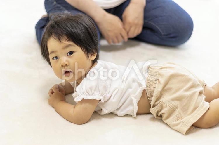 母親と赤ちゃん（1歳、日本人、女の子） 赤ちゃん,母親,うつ伏せの写真素材