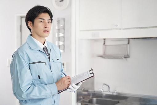 Japanese male worker checking room equipment, ঘর, উপকরণ, চেক, JPG