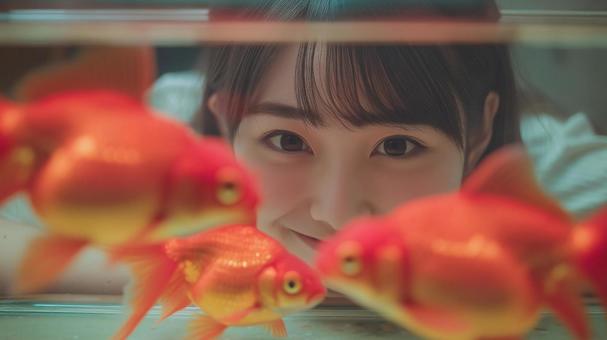 水槽を泳ぐ金魚と女性 水槽を泳ぐ金魚と女性の写真