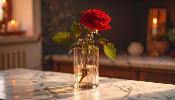 大理石のテーブルの上に一輪挿しのバラの写真