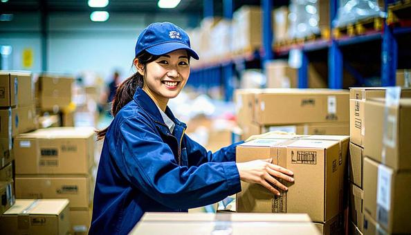 倉庫で働く作業服の20代の日本人女性 倉庫で働く作業服の20代の日本人女性の写真