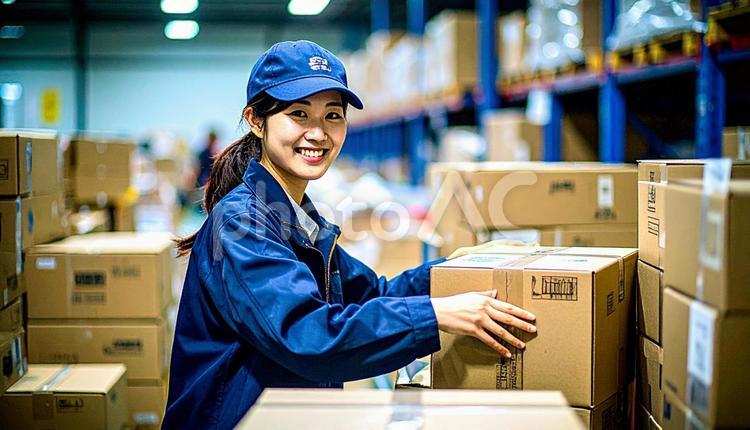 倉庫で働く作業服の20代の日本人女性 倉庫内作業,システム,スタッフの写真素材