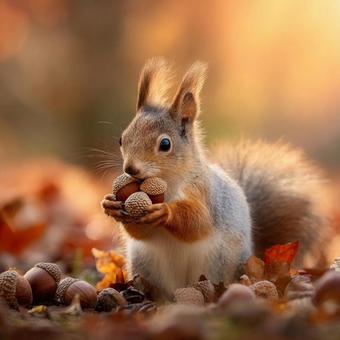 秋の森でドングリを食べる可愛いリス 秋の森でドングリを食べる可愛いリスの写真