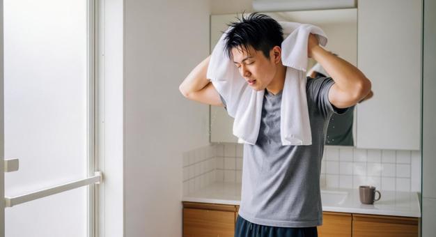 濡れた髪をタオルで拭く男性 濡れた髪をタオルで拭く男性の写真