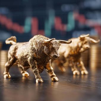 金融市場の強気を象徴する金色の雄牛の像 金融市場の強気を象徴する金色の雄牛の像の写真