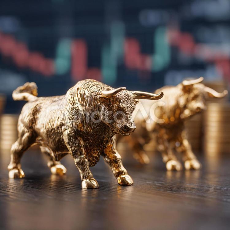 金融市場の強気を象徴する金色の雄牛の像 ビットコイン,仮想通貨,暗号通貨の写真素材