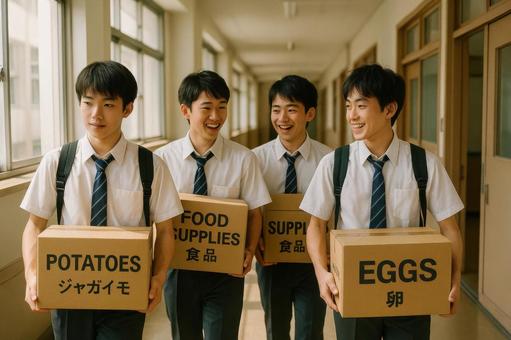 材料を運ぶ男子高校生たち 材料を運ぶ男子高校生たちの写真