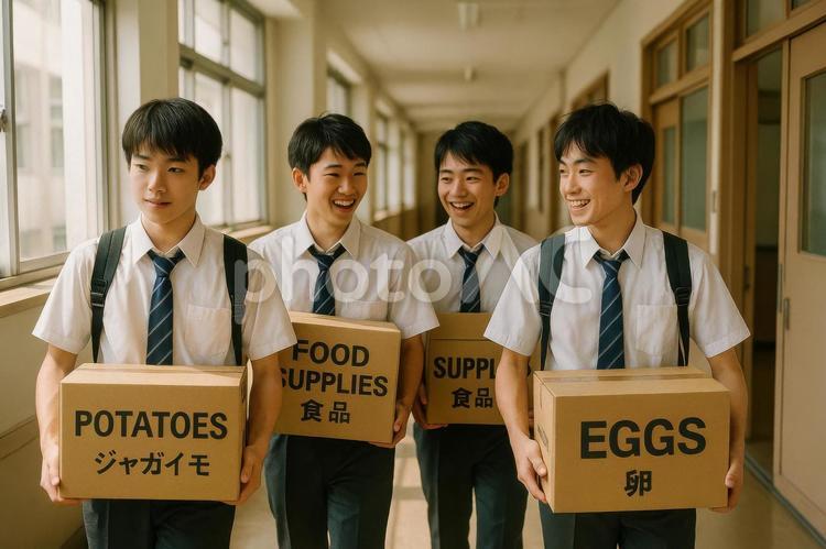 材料を運ぶ男子高校生たち 材料,運搬,高校生の写真素材