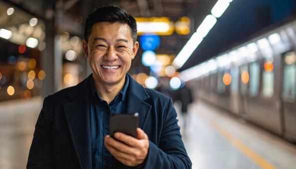 夜の駅でスマホを見る笑顔のアジア人男性 夜の駅でスマホを見る笑顔のアジア人男性の写真