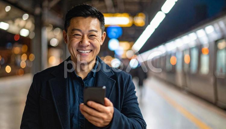 夜の駅でスマホを見る笑顔のアジア人男性 人物,男性,日本人の写真素材