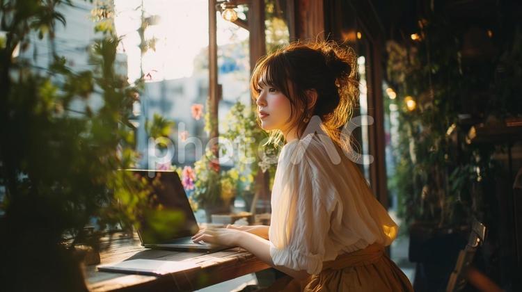 緑豊かなカフェでノートPCを使用する女性 カフェ,女性,緑の写真素材