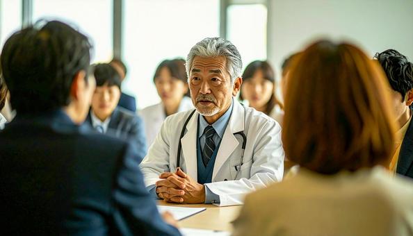 治験の説明会で患者へ詳細を説明する医師 治験の説明会で患者へ詳細を説明する医師の写真