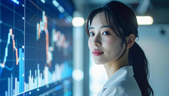 ディルプレイのチャートの前に立つ女性社員の写真