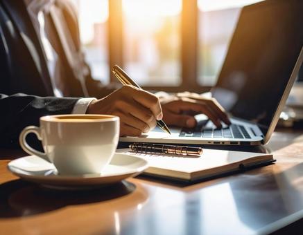 カフェで仕事をしているビジネスマンの写真