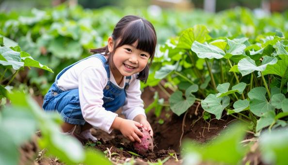 サツマイモ掘りをする子供 サツマイモ掘りをする子供の写真
