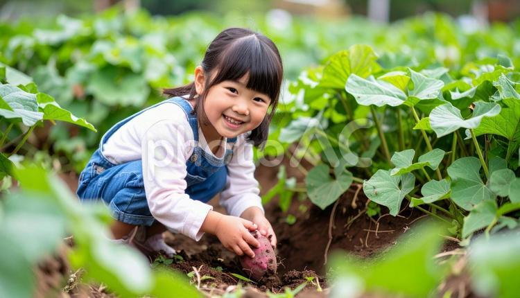 サツマイモ掘りをする子供 サツマイモ,さつまいも,芋の写真素材