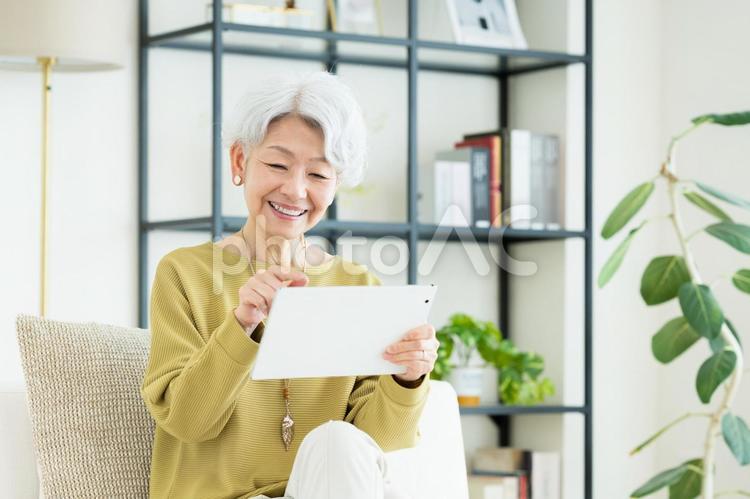 リビングでタブレットを使うシニアの女性 タブレット,シニア,高齢者の写真素材