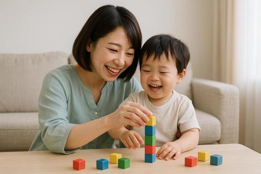 子育て 積み木で遊ぶ親子2 子育て 積み木で遊ぶ親子2の写真