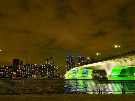 Night view of Harumi Bridge, Tokyo Bay and buildings, JPG