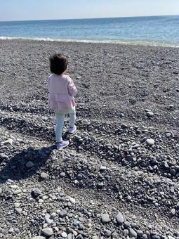 海辺を歩く少女 海辺を歩く少女 海,休日,太平洋の写真素材