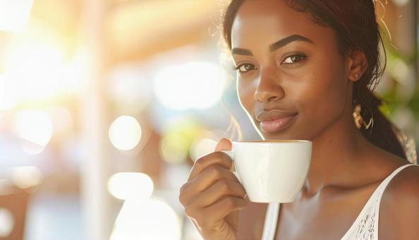 コーヒーを飲む外国人女性のポートレート コーヒーを飲む外国人女性のポートレートの写真