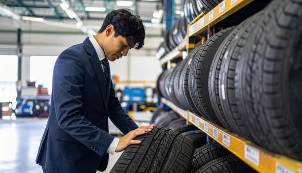 店頭でタイヤを選ぶビジネスマン 店頭でタイヤを選ぶビジネスマンの写真
