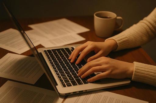 書類が煩雑におかれたPCで仕事をしている 書類が煩雑におかれたPCで仕事をしているの写真