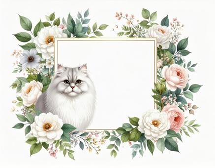 猫と花の飾り枠 猫と花の飾り枠の写真