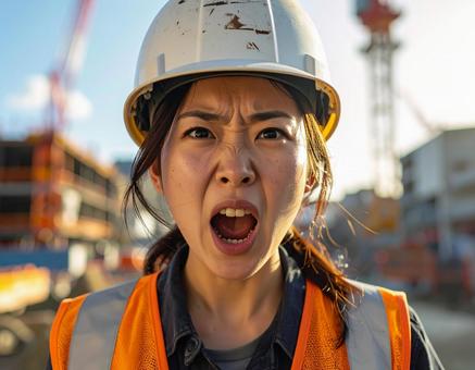 女性作業員が激怒しているシーン 女性作業員が激怒しているシーンの写真